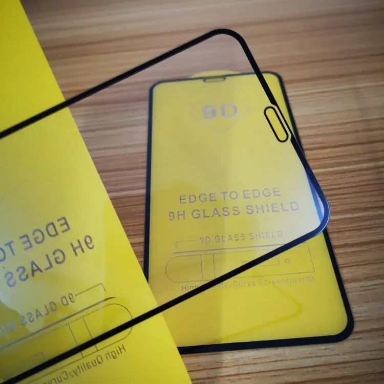Black full screen glass tempered film for Xiaomi mobile phones on a white background.