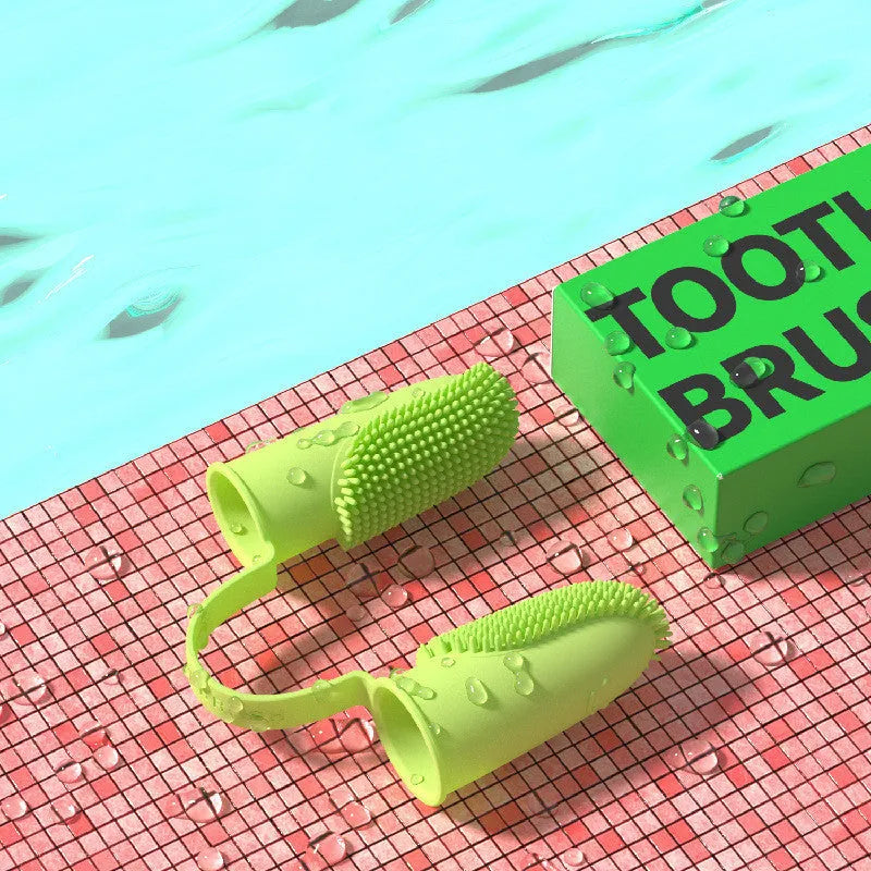 Pet dental finger toothbrush set in pink, blue green, and grass yellow colours, showing double finger design.