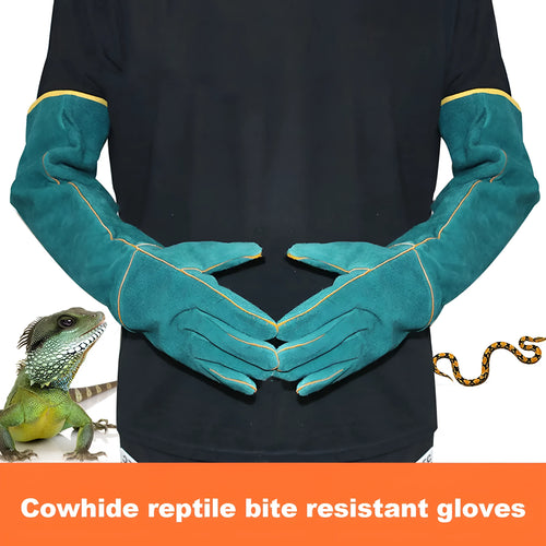 Dark green cowhide leather animal handling gloves with extended sleeve cuffs.