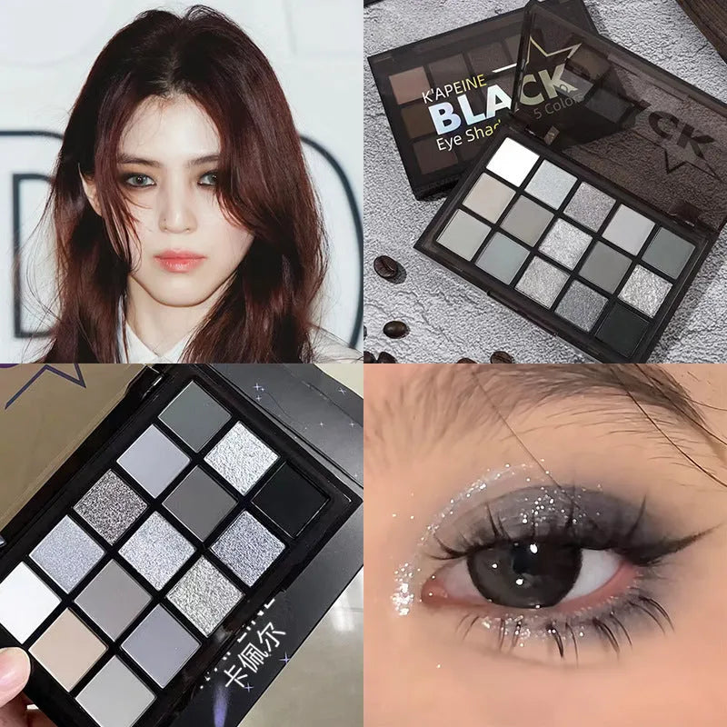 15-colour eye shadow palette with Cos Gray and Smoky Black matte shades for smoky makeup looks