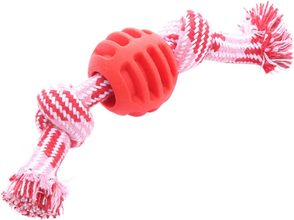 Blue dog chew toy with molar shape and rope attachment for teeth cleaning