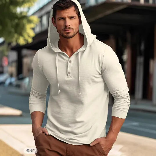 Men's cotton hooded sweatshirt in dark blue with pullover design and long sleeves