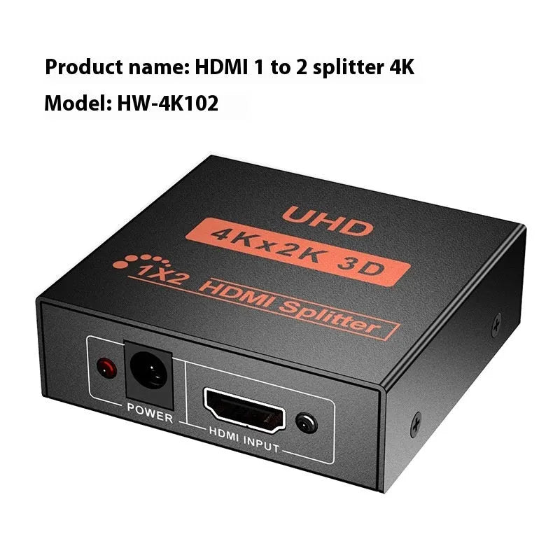 4K HDMI 1x2 splitter device with multiple power plugs including US and EU standards