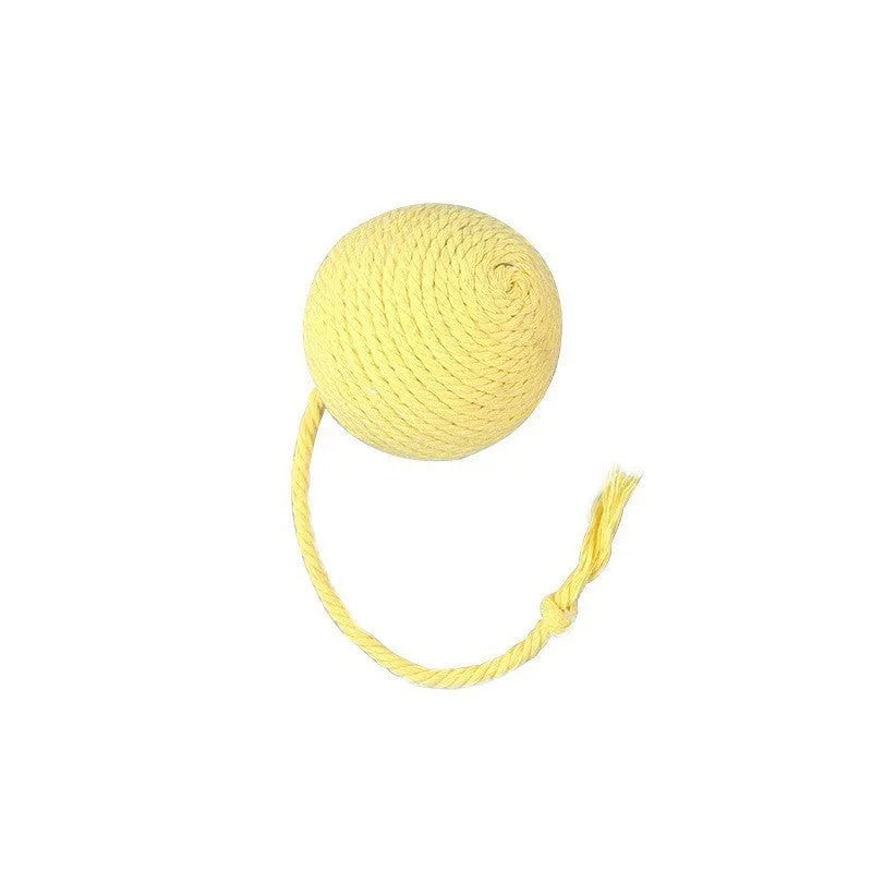 Colourful cat toy ball with rope tail and internal jingle bell in two size options