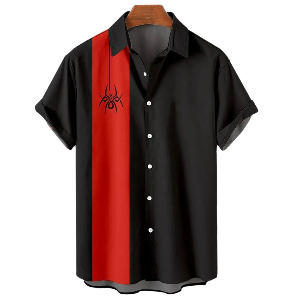 Men's striped Hawaiian short-sleeve shirt with button front and elastic band fabric