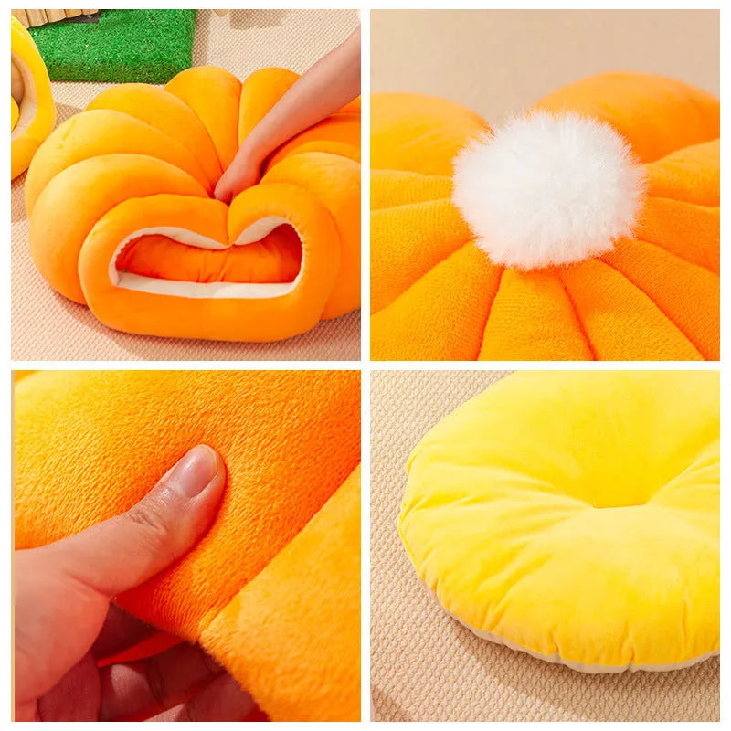 Cat litter winter warm closed pumpkin kennel with high elastic PP cotton in orange colour size L