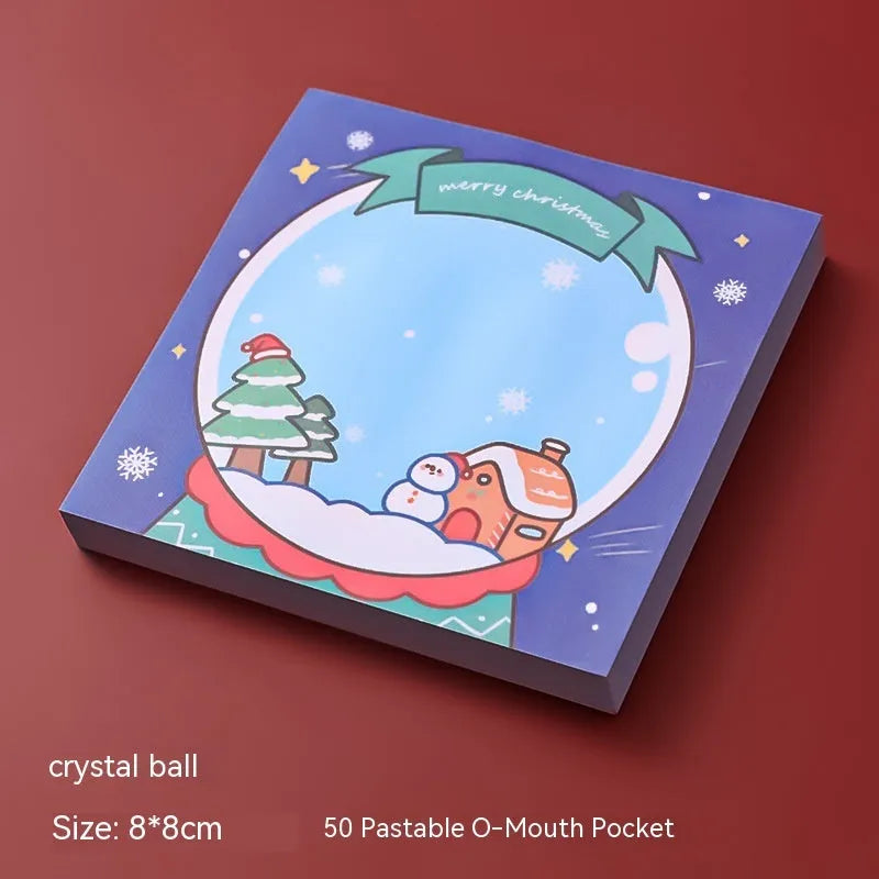 Christmas sticky notes book showing eight cartoon designs including Santa Claus, Christmas Elf, and Snowman