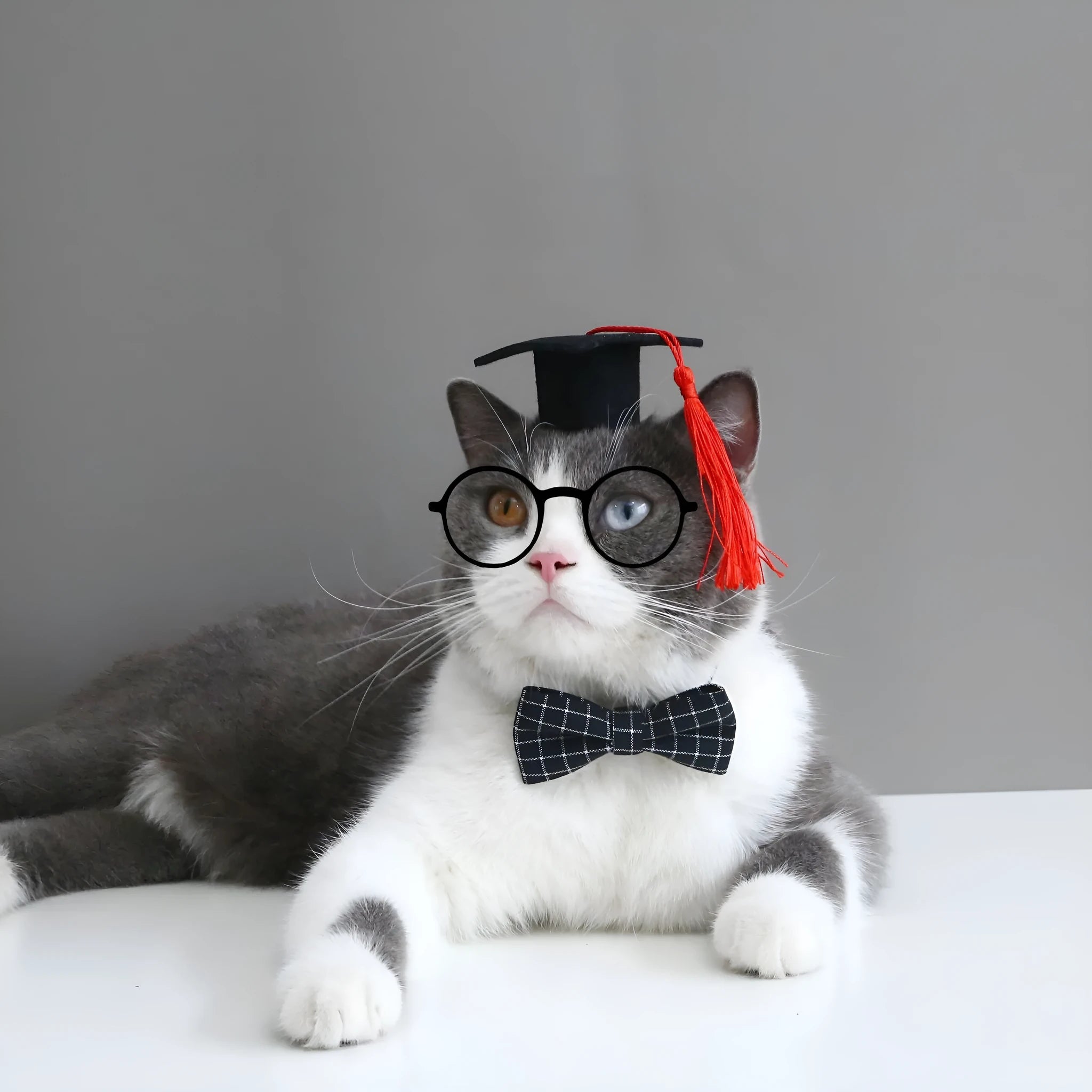 British-style Doctor's Degree elastic hair band and woolen felt bow tie set for a cat or dog, shown in yellow cap colour option.