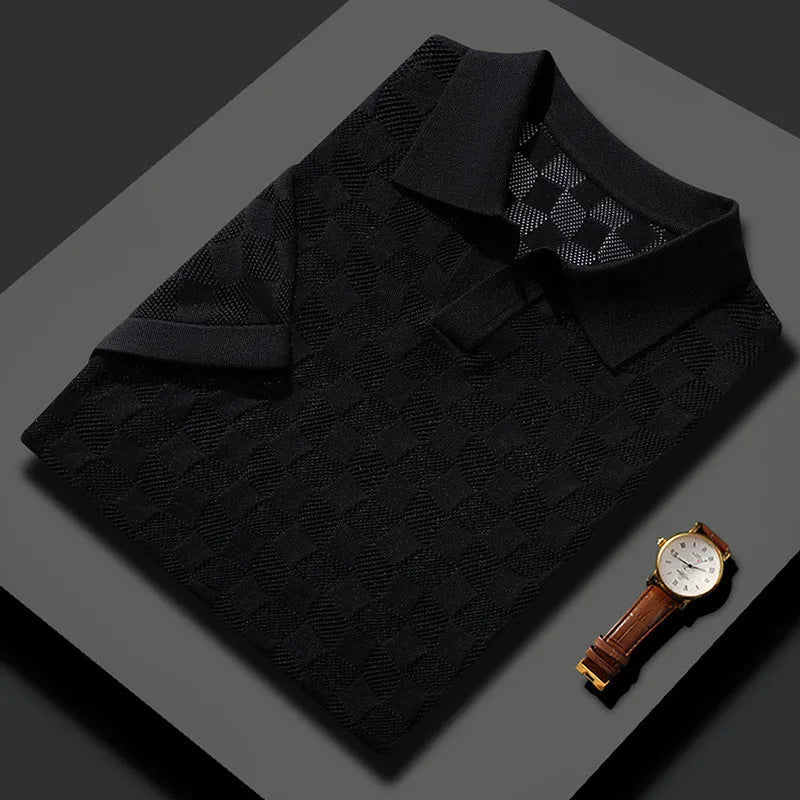Men's short sleeve lapel sweater in mulberry silk, shown in a solid colour.
