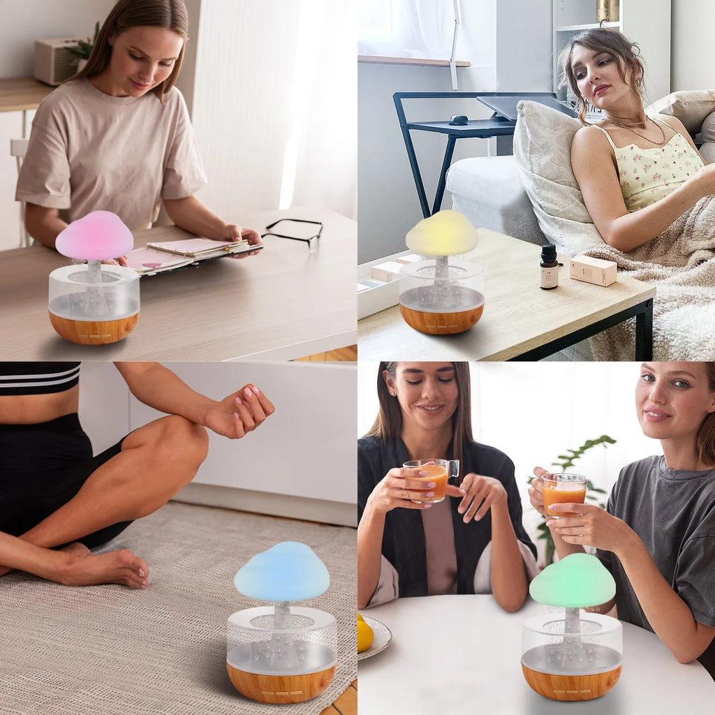 White raining cloud shaped humidifier with colour changing night light and water droplet mist