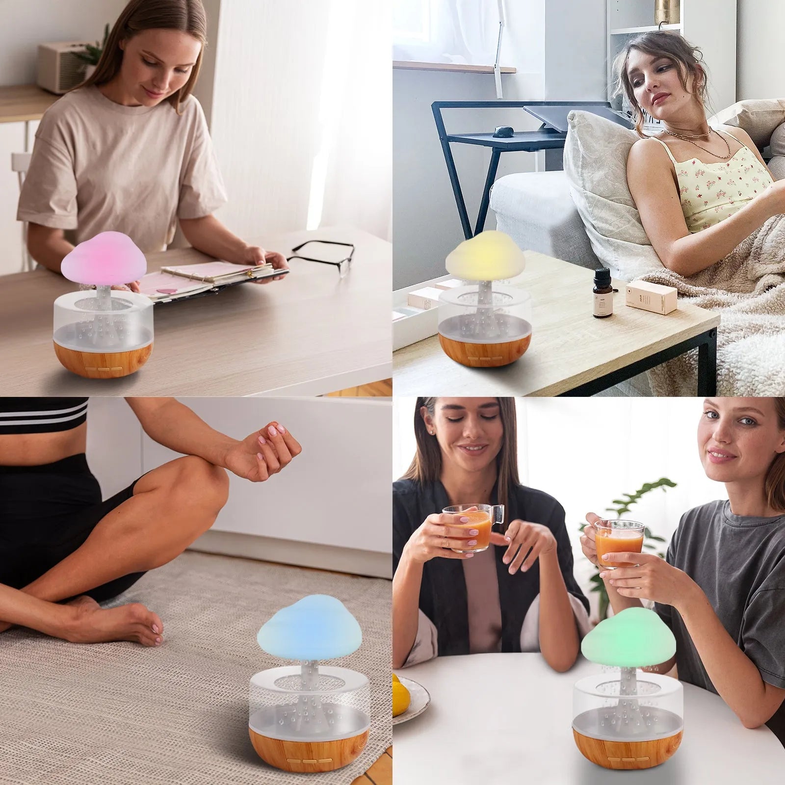 White raining cloud shaped humidifier with colour changing night light and water droplet mist