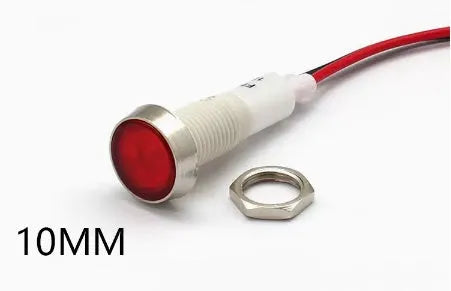 10mm stainless steel edge plastic indicator light with wire flat end connector in multiple colours.