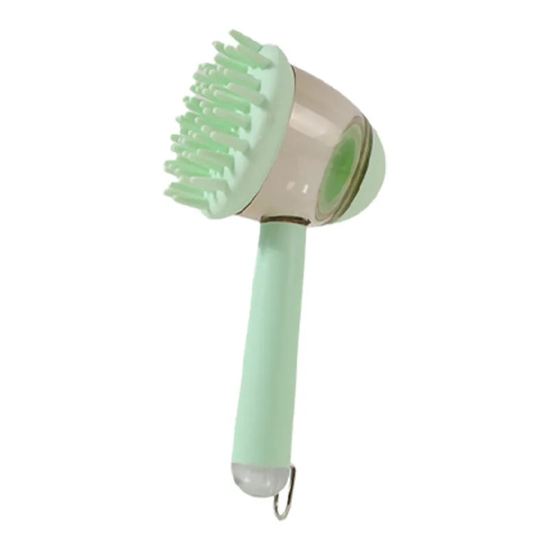 Three 3-in-1 pet bath brushes in beige, blue, and green with shampoo dispensing handles and silicone bristles on white background