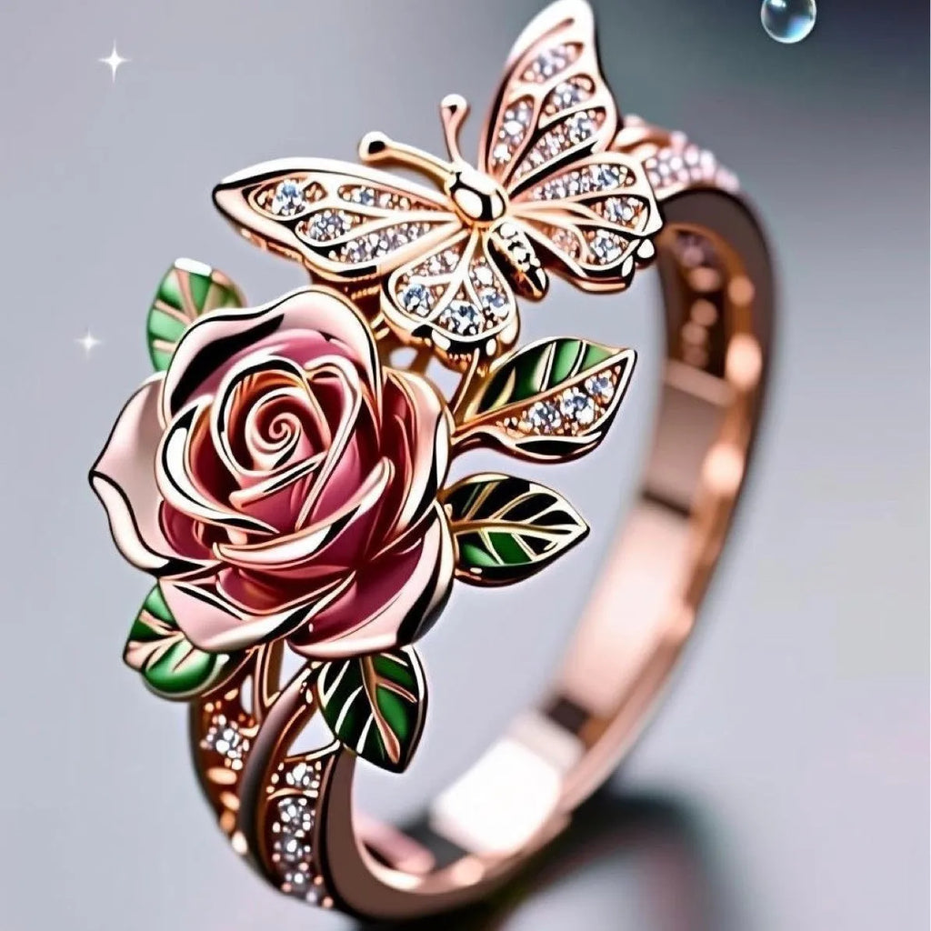 Adjustable alloy butterfly ring with oil drip colour finish and floral details