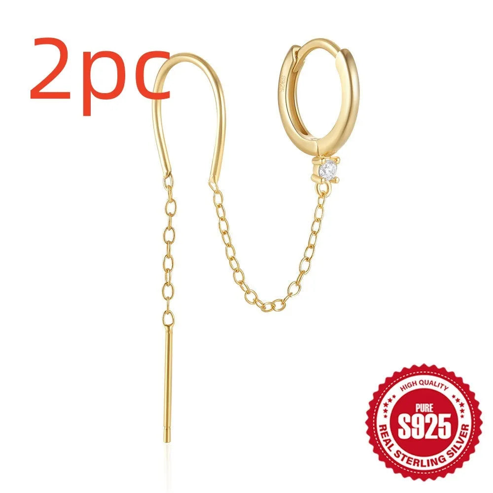 S925 sterling silver geometric ear clip studs with a diamond flower and tassel chain design in a gold electroplated finish.