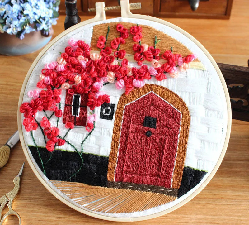 Handmade embroidery material package with architectural landscape courtyard pattern on cotton cloth, 20cm kit