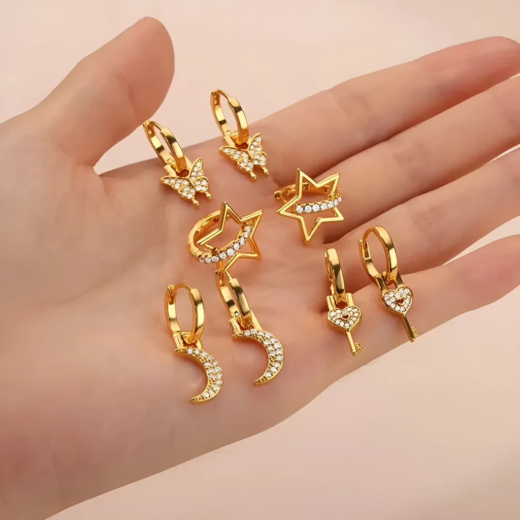 Women's geometric butterfly earrings with heart, bow and star shapes in copper with diamond finish