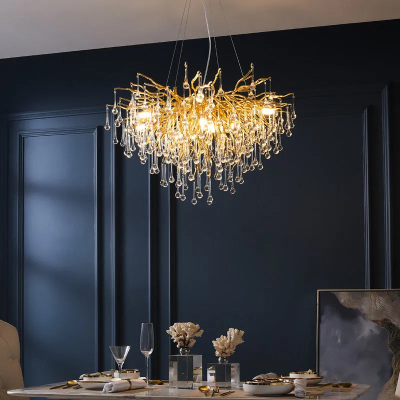 Postmodern light luxury water drop crystal chandelier with aluminium frame, adjustable height 0.5m, diameter 600mm