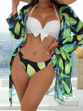 Women's three-piece mesh split bikini swimsuit in polyester fabric with top, pants and coat