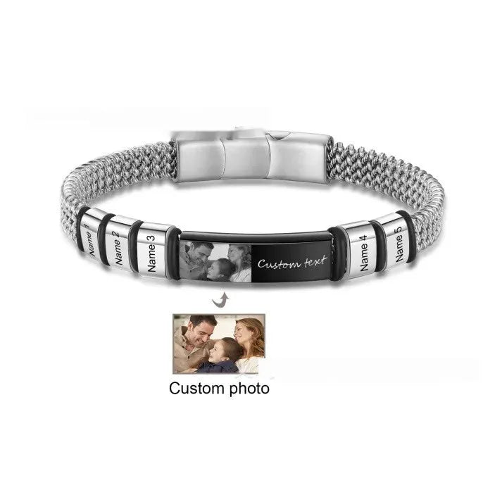 Men's titanium steel bracelet with leather rope band and heart-shaped lettering beads in a gift box.