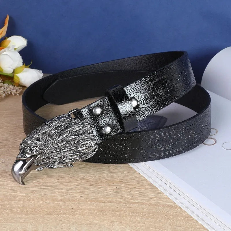 Men's imitation leather belt with cow head buckle design in black or brown colours