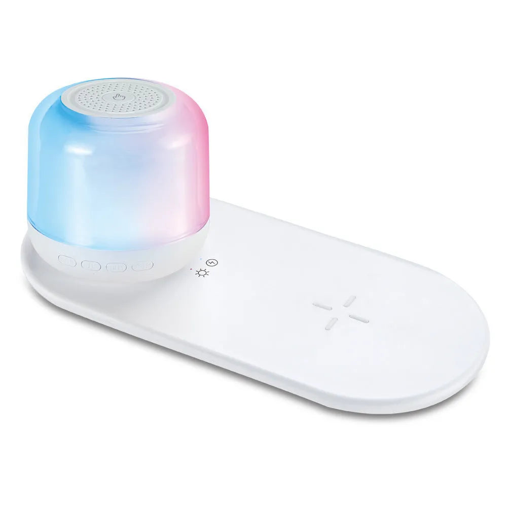 White fast charging wireless charger table lamp two-in-one with 15W max and 3000K night light on a desk