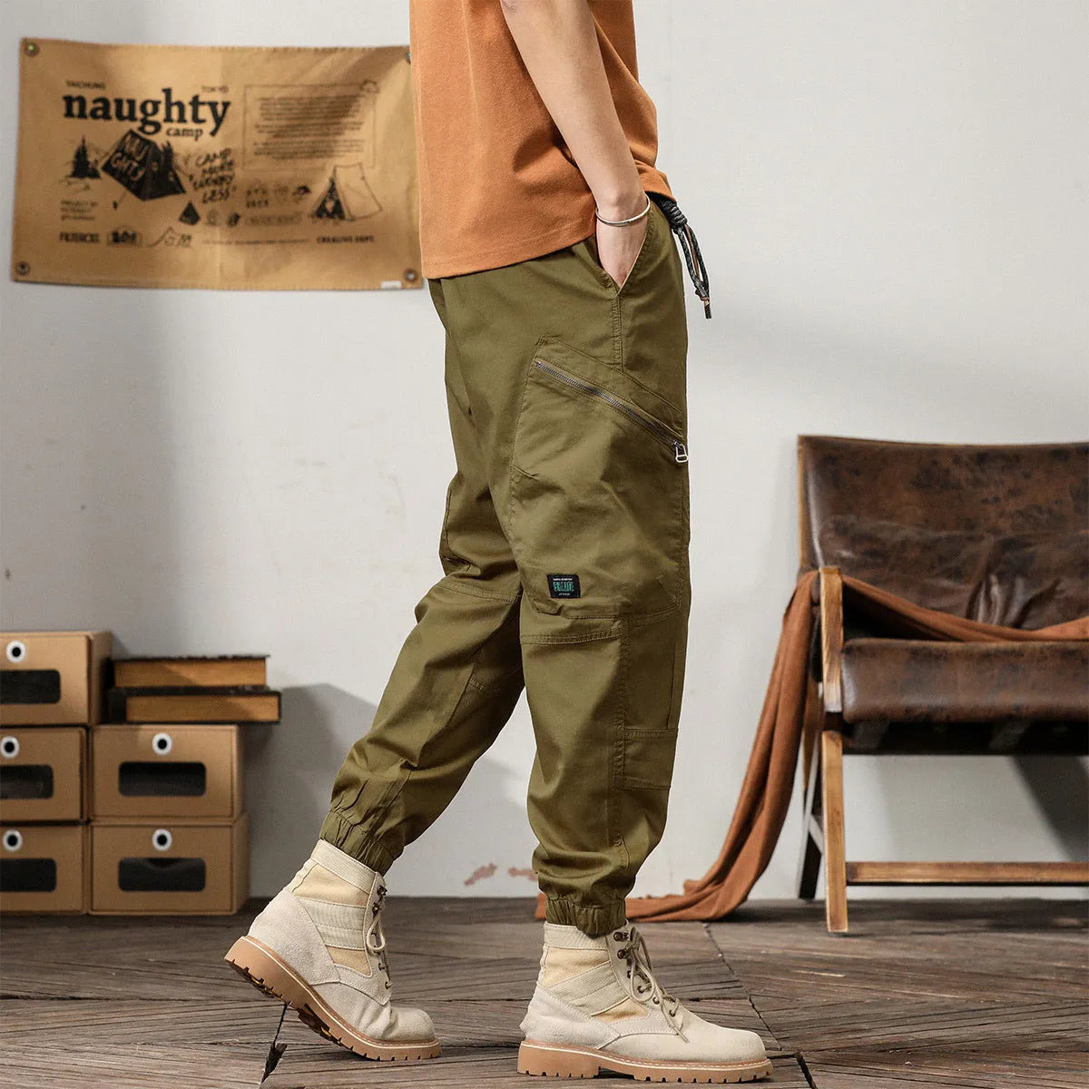 Men's cotton harem pants with tapered ankle bands in khaki, peacock green, coffee, or black colours