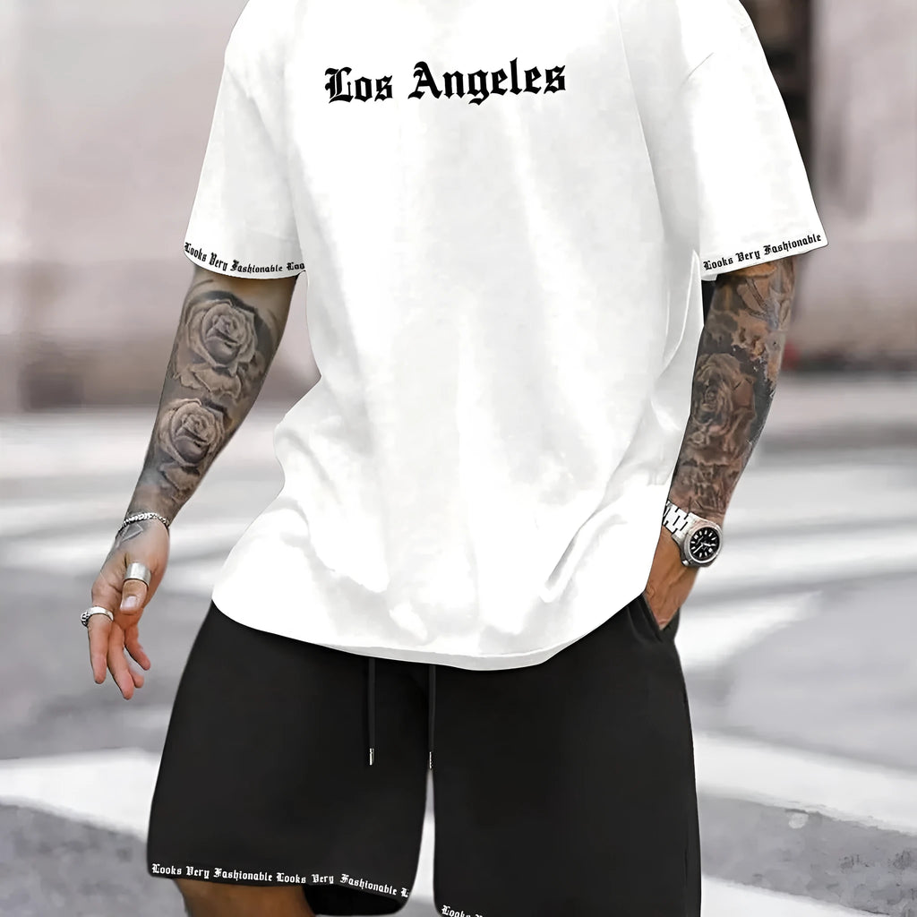 Men's printed polyester blend short sleeve top and matching shorts casual sports set