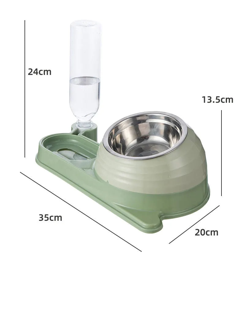 Brown elevated cat food bowl with attached water bottle dispenser on a floor.