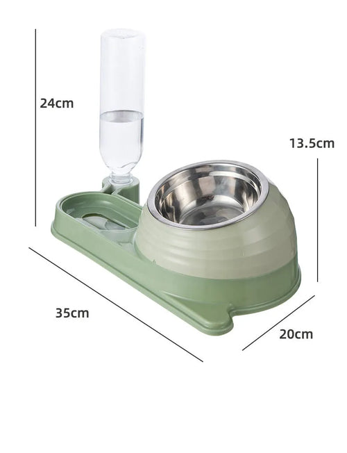 Brown elevated cat food bowl with attached water bottle dispenser on a floor.