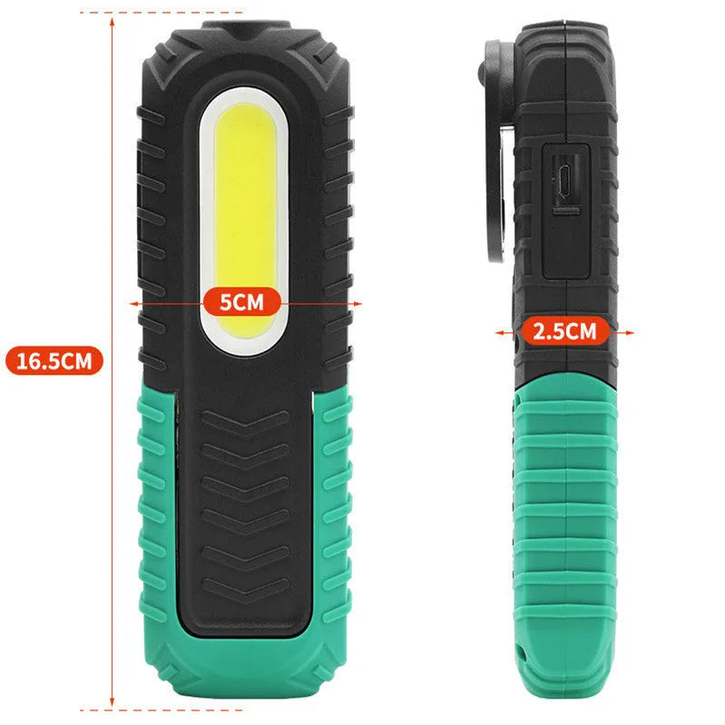 Black and green USB rechargeable auto repair work light with PET coating for drop resistance