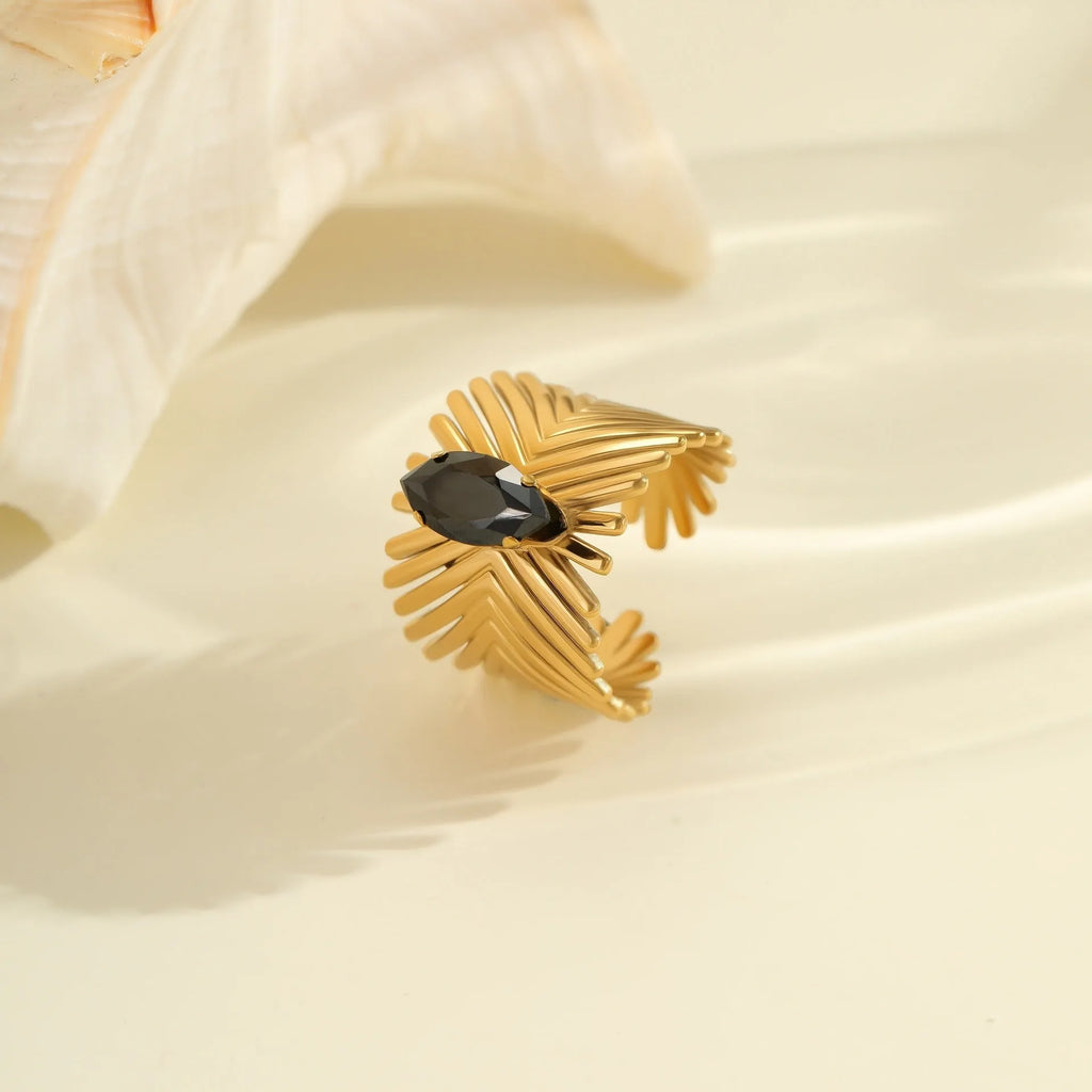 Open mouth adjustable titanium steel ring with geometric design and inlaid zircon details