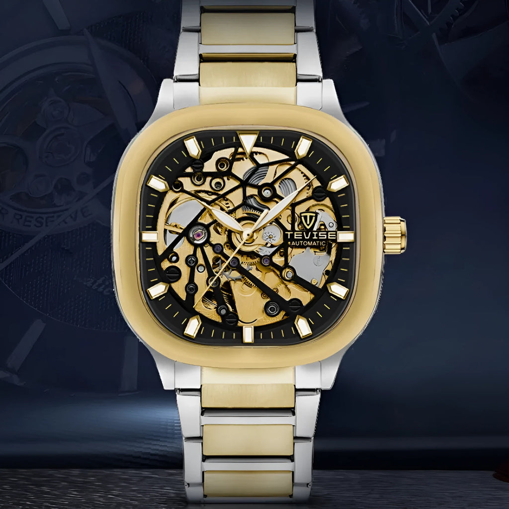 Men's waterproof automatic watch with square hollow luminous dial on stainless steel strap