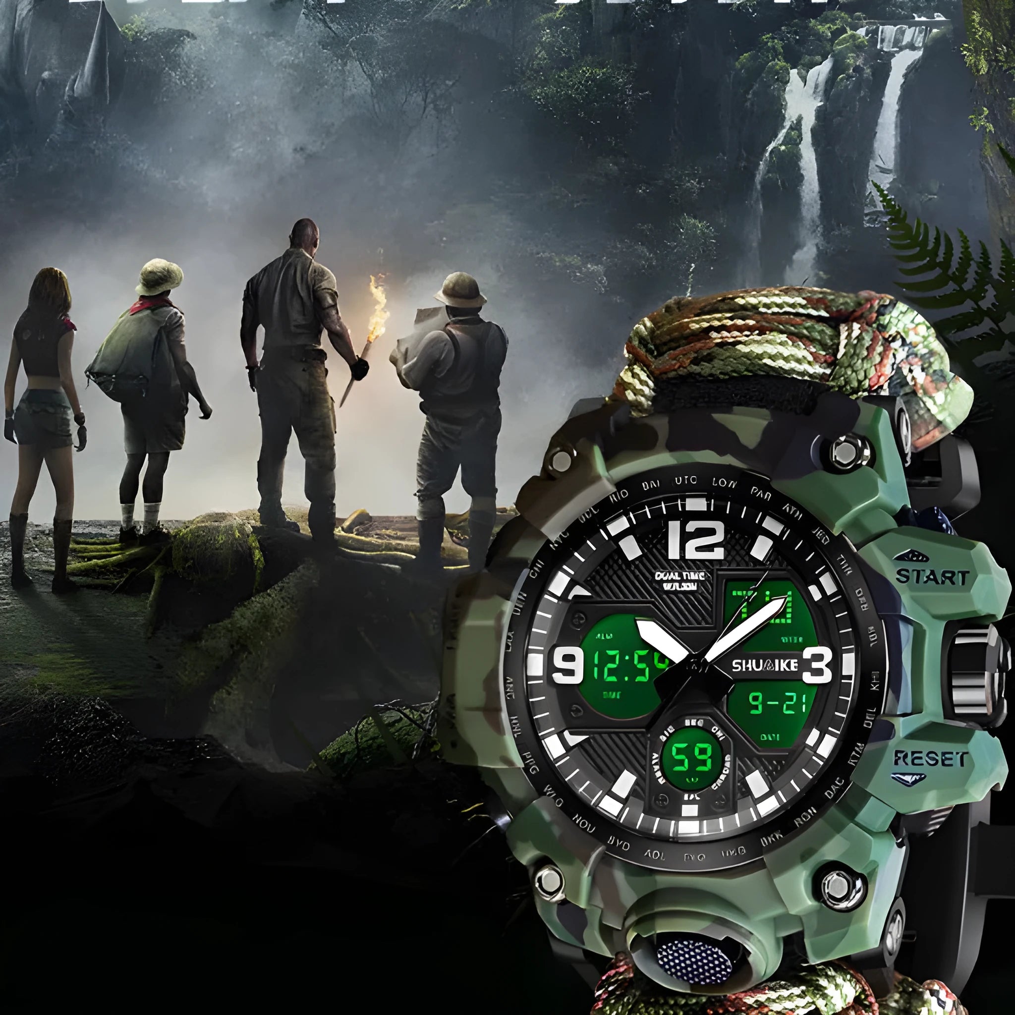 Double display electronic watch with compass thermometer whistle ignition for men 1.3-inch screen black