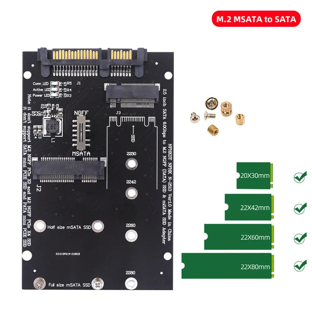 Black SATA3 to M.2 NGFF MSATA SSD conversion adapter card with connectors