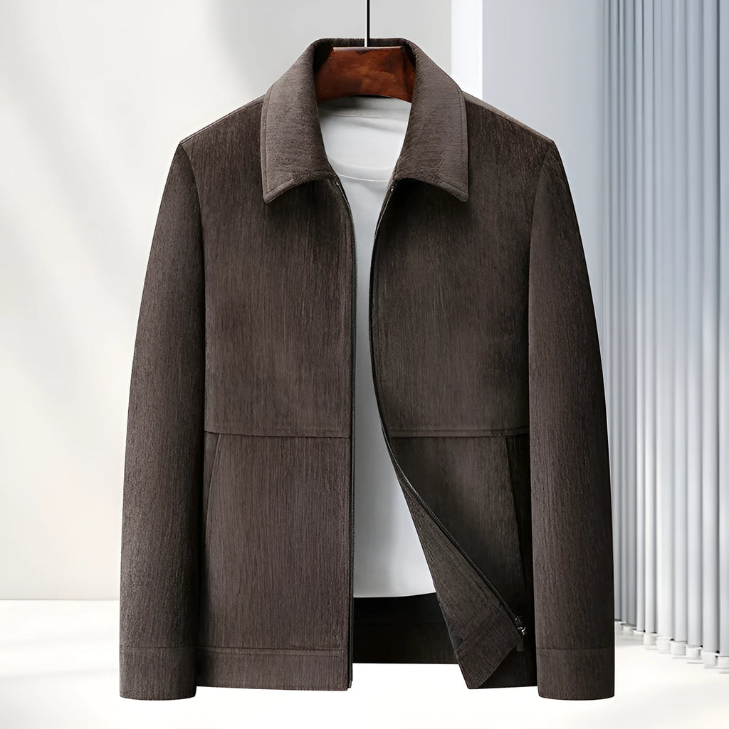 Men's slim fit casual jacket in polyvinyl alcohol fabric available in black, brown, caramel, and dark blue