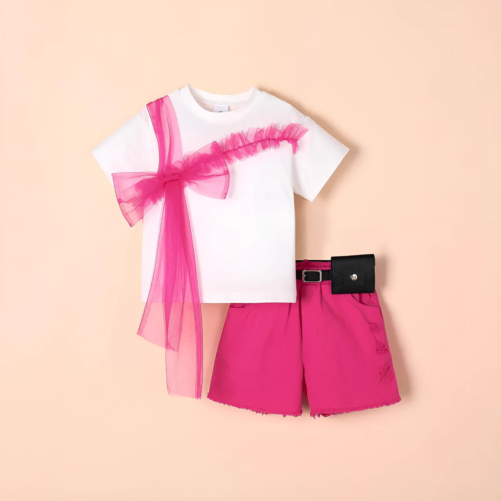 Girls rose red cotton short-sleeved T-shirt with denim shorts and belt set for heights 4Y-7Y