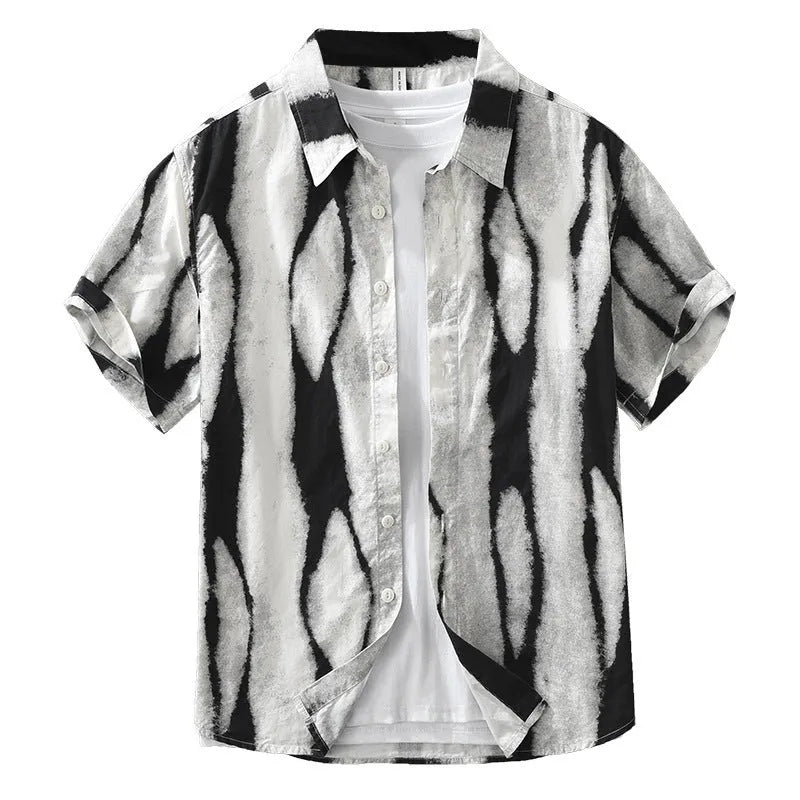 Retro striped short sleeve cardigan shirt in pure cotton fabric shown in black and brown colour options