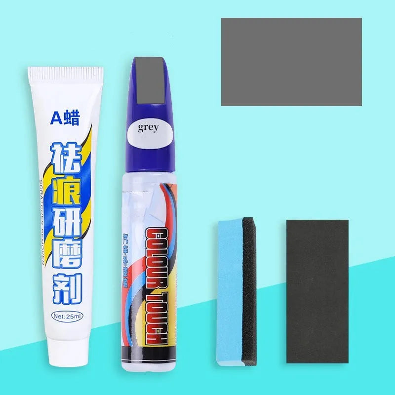 Automotive scratch repair kit with paint pen, wax, sponge, and sandpaper for car touch-ups
