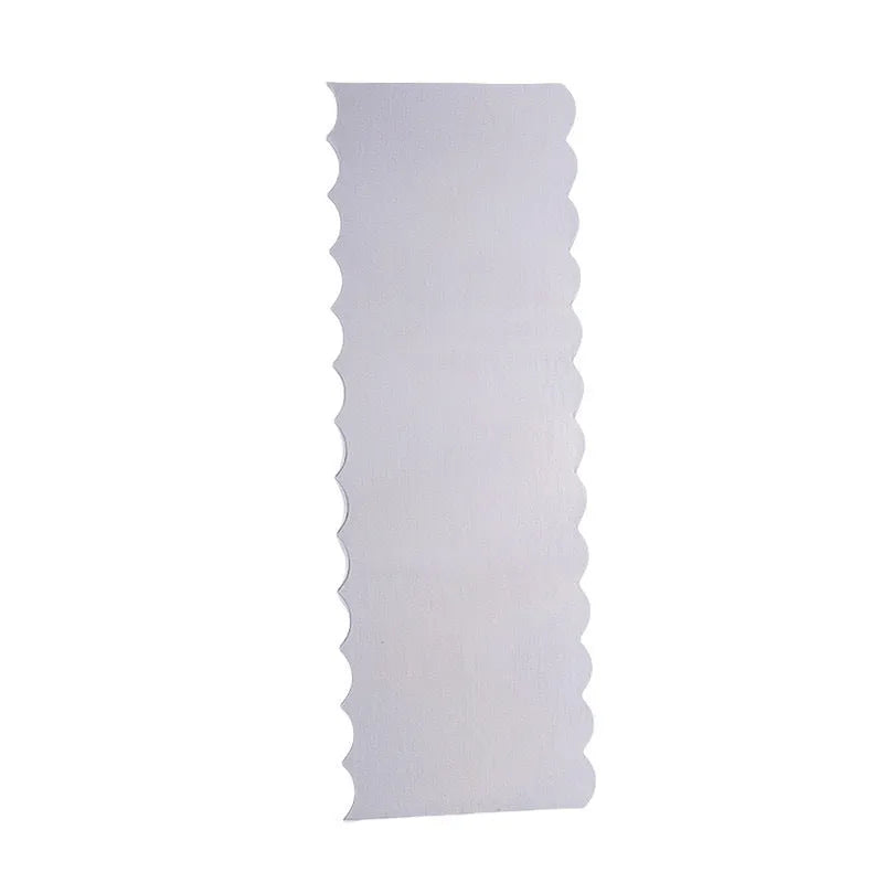 Stainless steel cake scraper with a polygon patterned blade for icing and filling work.
