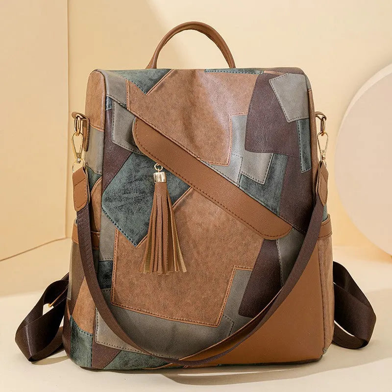 Large capacity retro patchwork PU leather tote bag with sewing line detailing, available in four colours, front view