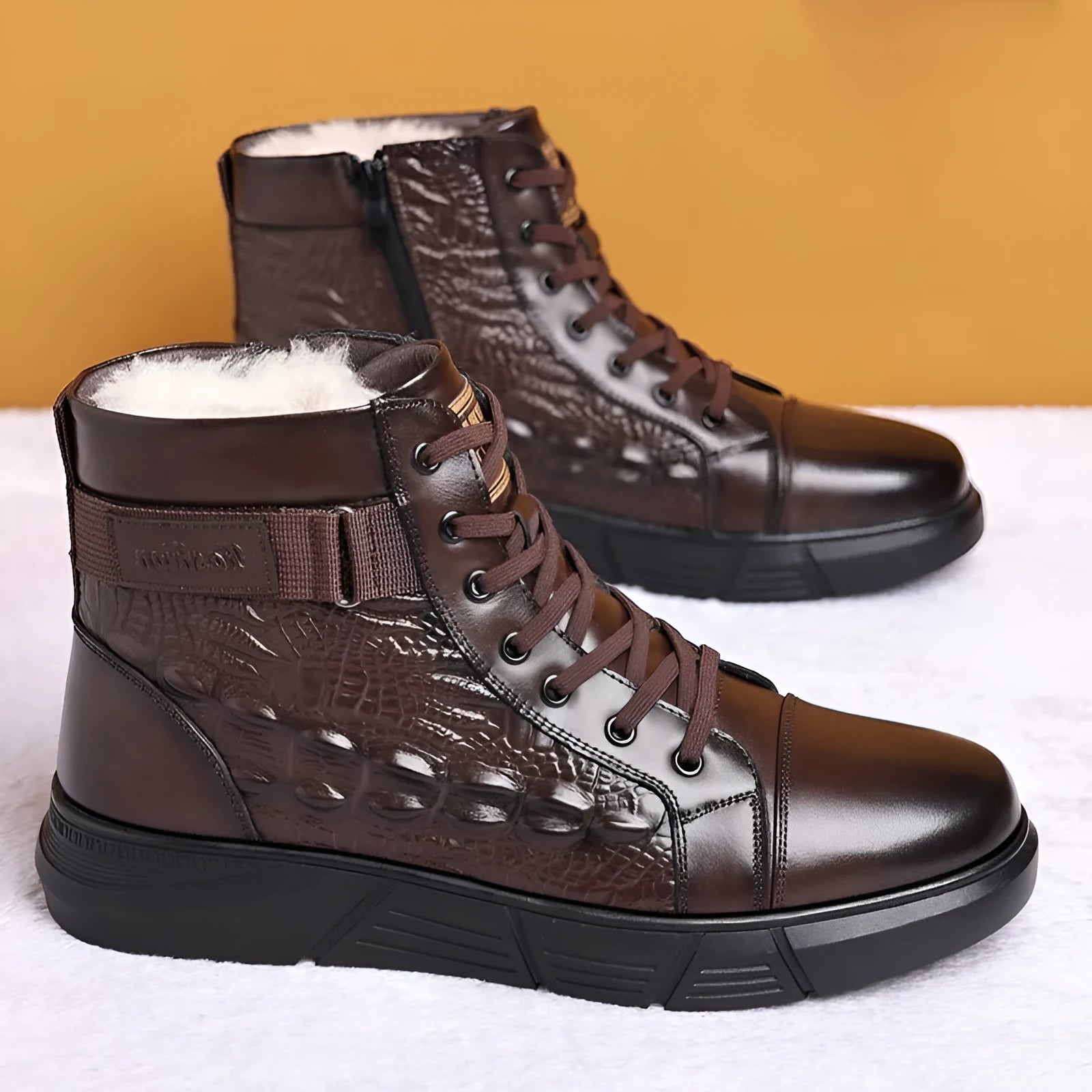 Black and brown genuine leather lace-up ankle boots with fur lining and rubber soles.