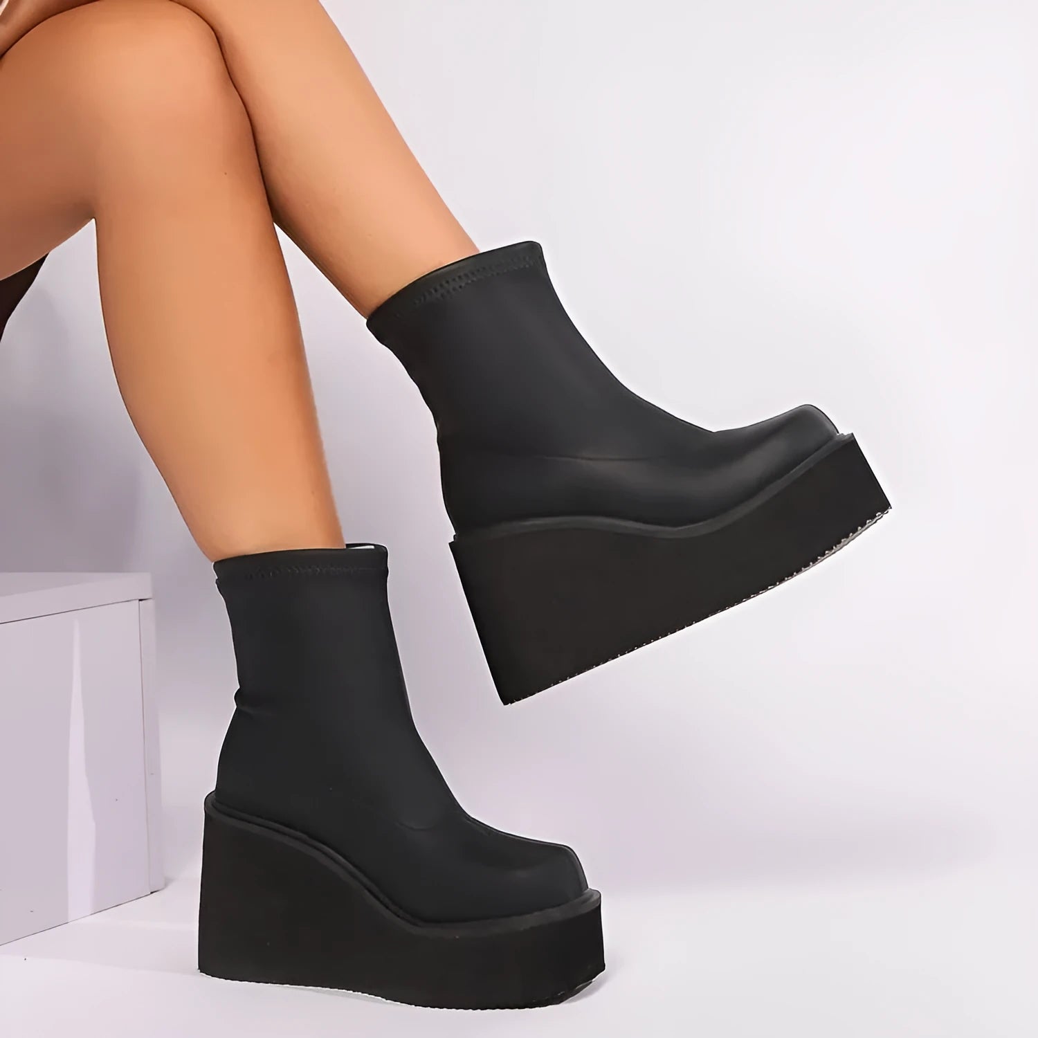 Plus size women's wedge heel ankle boots in artificial PU leather with waterproof platform