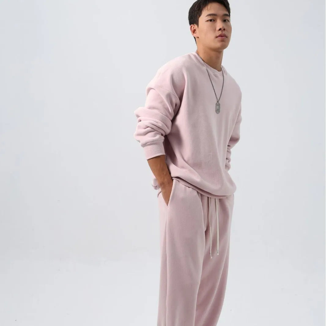 Men's polar fleece sports suit set with crew neck coat and padded trousers in double-sided shake design