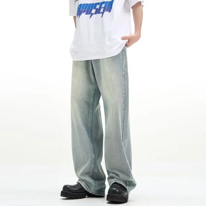 Blue retro casual trousers made from rabbit fur fabric with loose fit and high elasticity