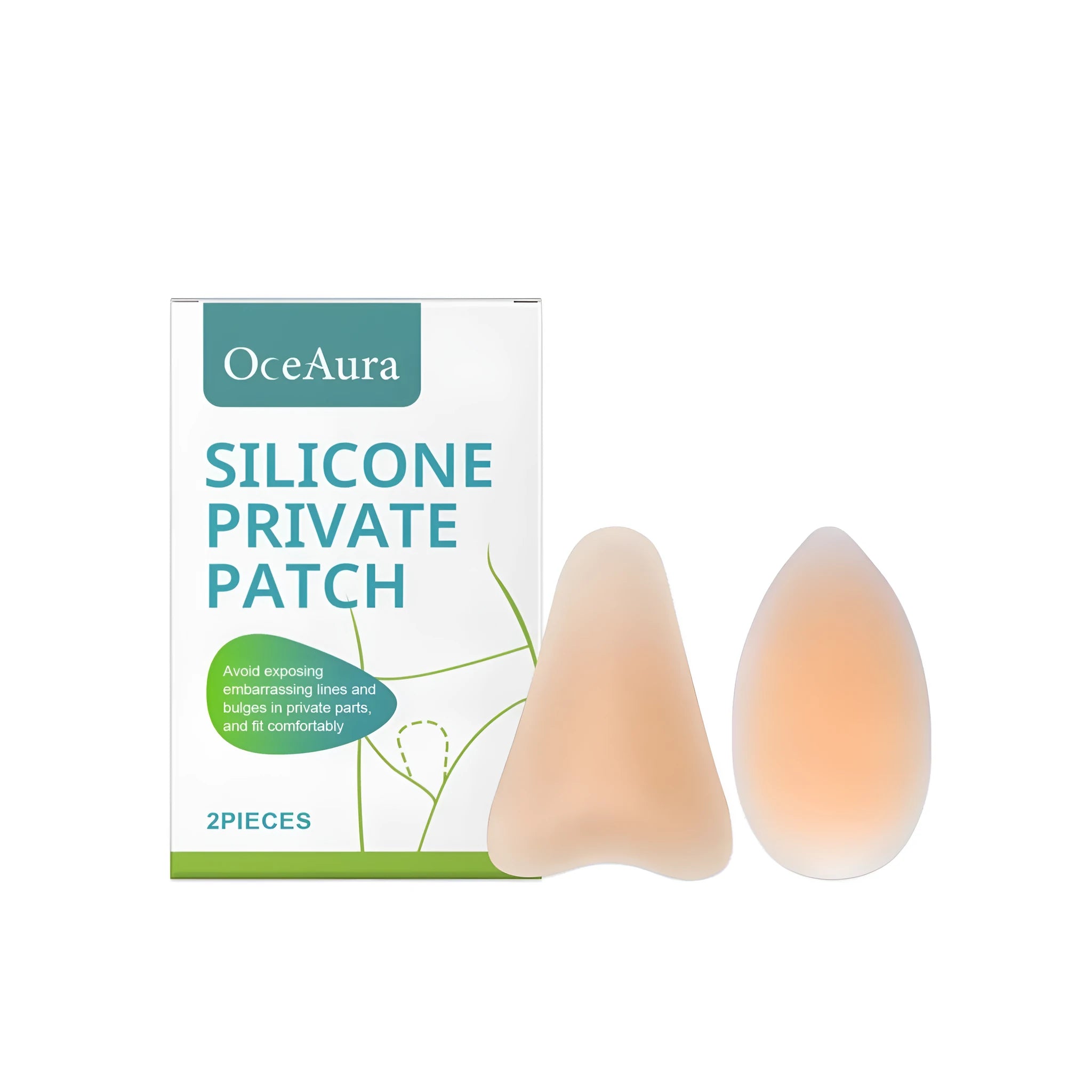 Two silicone privacy stickers: one droplet shape and one Y shape, on skin tone background.