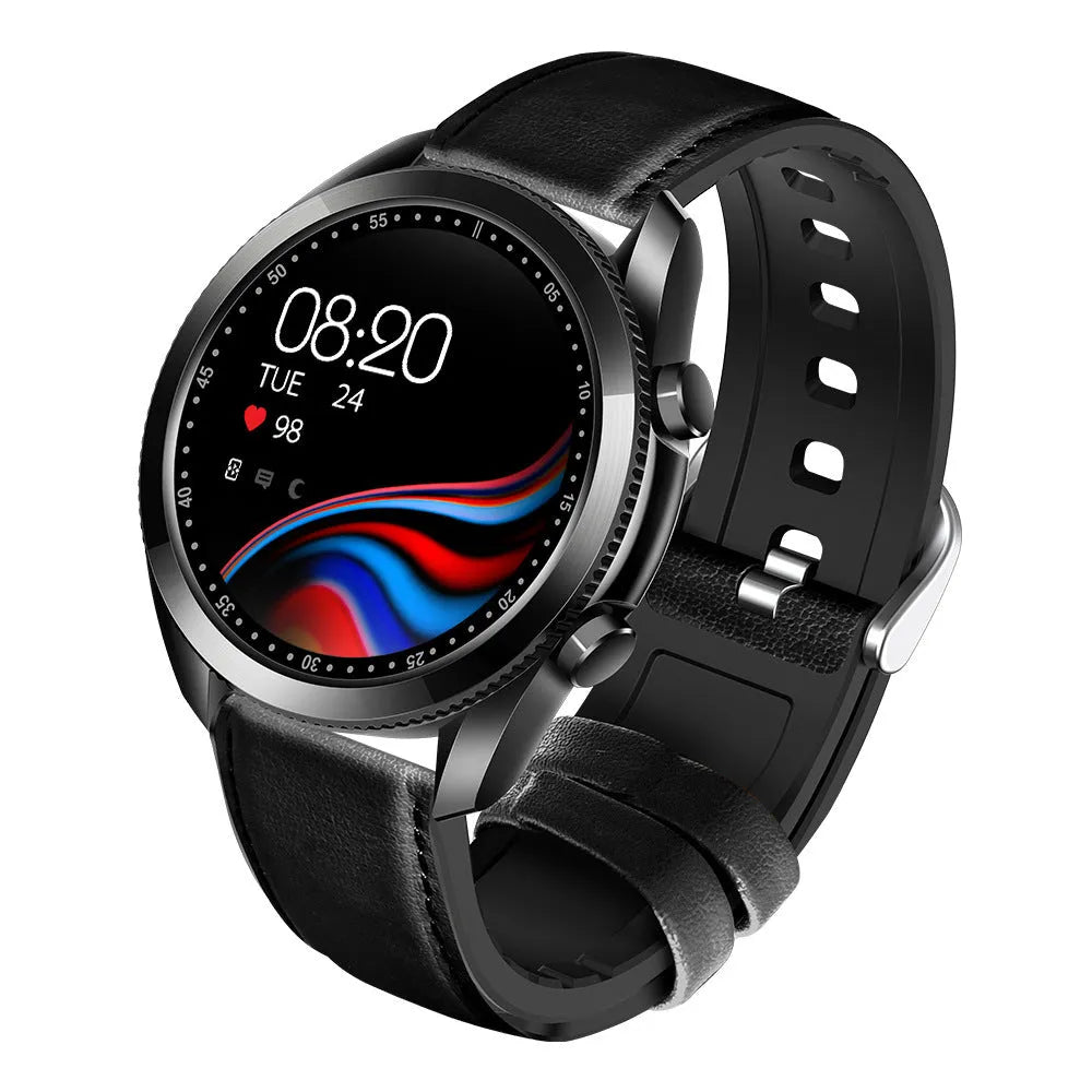 UM90 black smart watch with leather strap showing large screen displaying heart rate and fitness data.