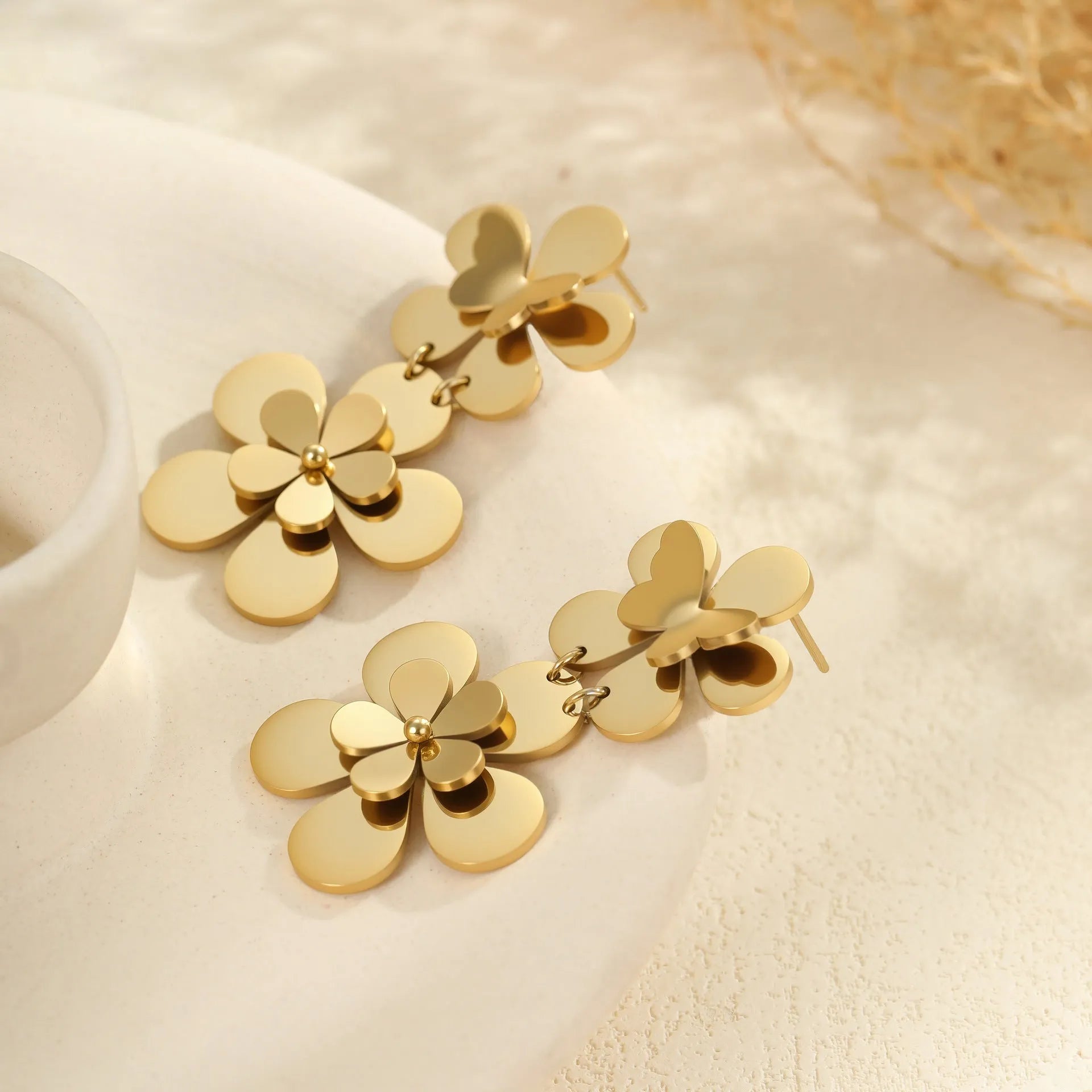 Gold flower butterfly stainless steel earrings with geometric animal zodiac designs for women