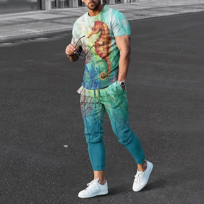 Men's short sleeve printed top and trouser sport suit set in polyester blend fabric.