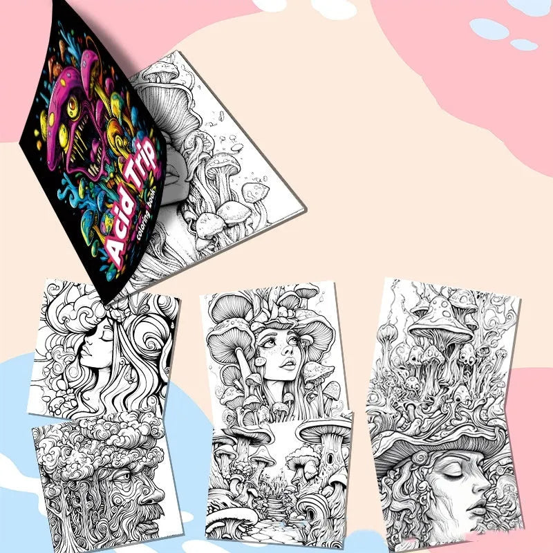 Acid tour coloured creative painting book with 200mm length, shown closed.